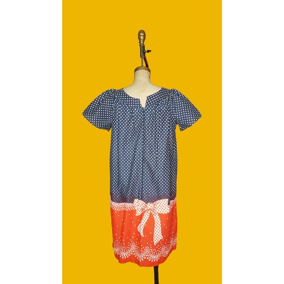 1960s-1970s Red, White, & Blue Polka Dot W/BOW RIBBON Trompe Loeil Print Dress S - Picture 3 of 10